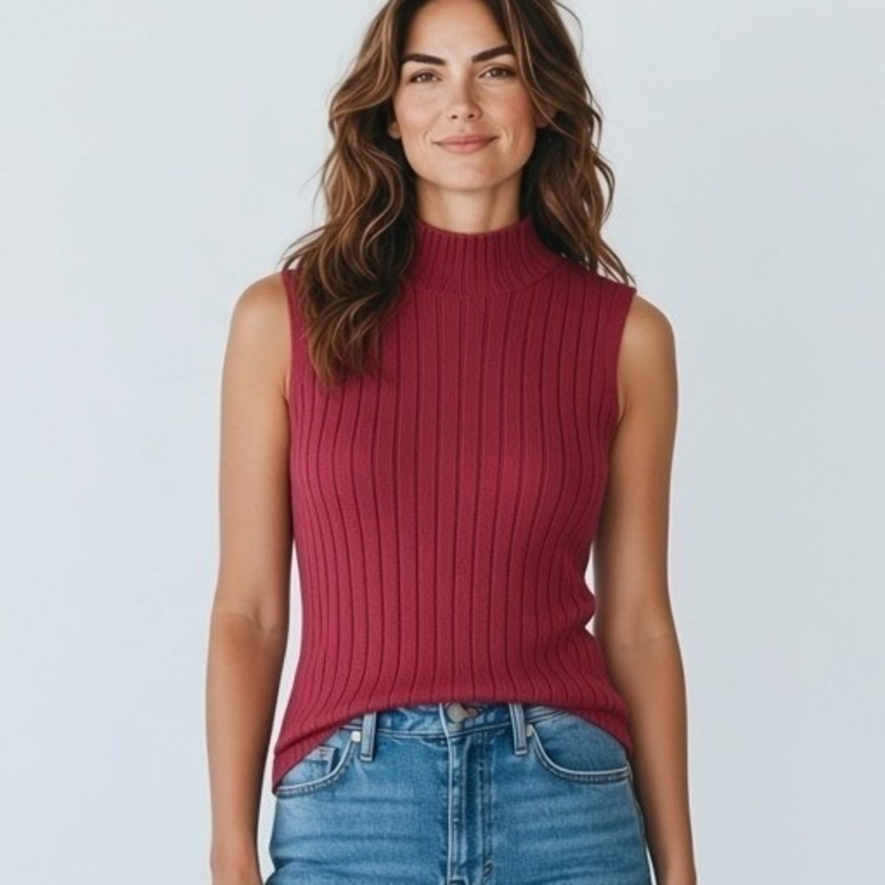 Talbots Womens 100% Silk Ribbed Mock Neck Sleeveless Sweater Knit Top M Pink
